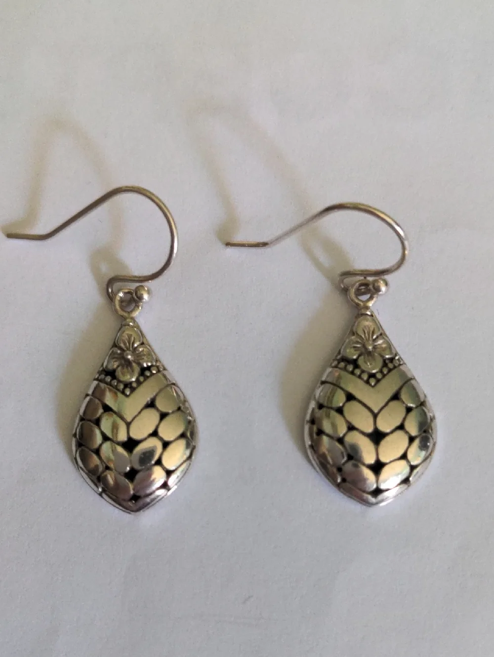 New Sterling Silver Bali Floral Teardrop Earrings, Drop Dangle, Casual Luxury